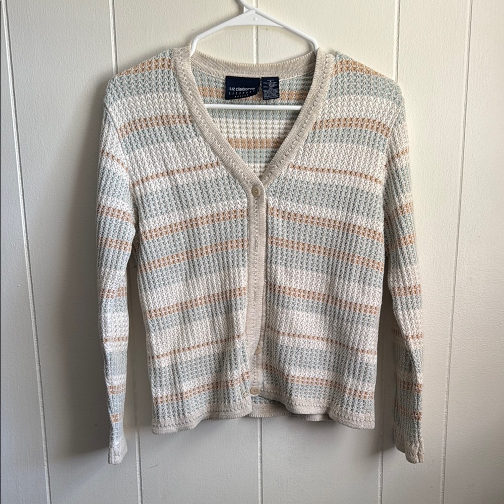 Liz Claiborne Cream and Tan Cardigan Sweater V-Neck